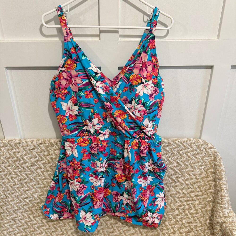 Lands’ End One Piece Floral Faux Wrap Swim Dress